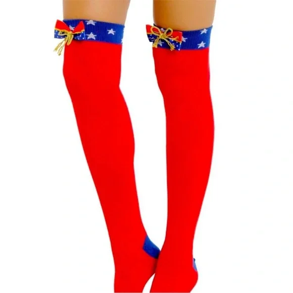 Wonder Woman Over-the-Knee Socks | DC Comics | Red Blue Star Bow - Picture 2 of 6